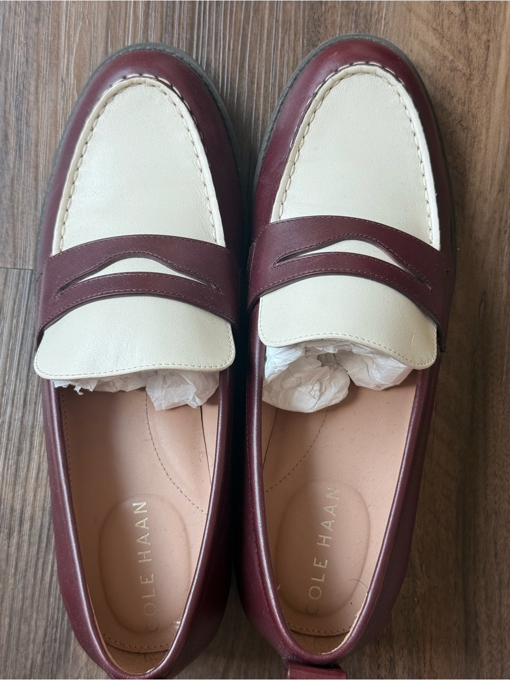 Cole Haan Burgundy and Cream Leather Penny Loafers